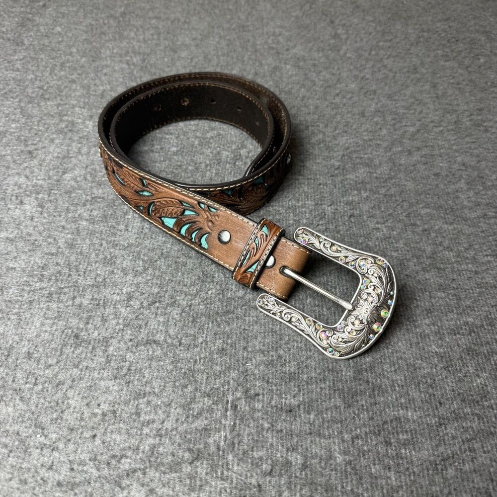 ARIAT LADIES FLORAL TOOLED W/TURQUOISE INLAY BELT GENIUNE LEATHER SIZE SMALL